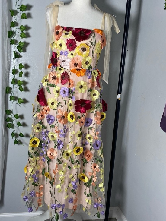 Ina Dresses & Skirts - Ina Pink Sheer Floral Slip Dress with Multicolor Embroidery